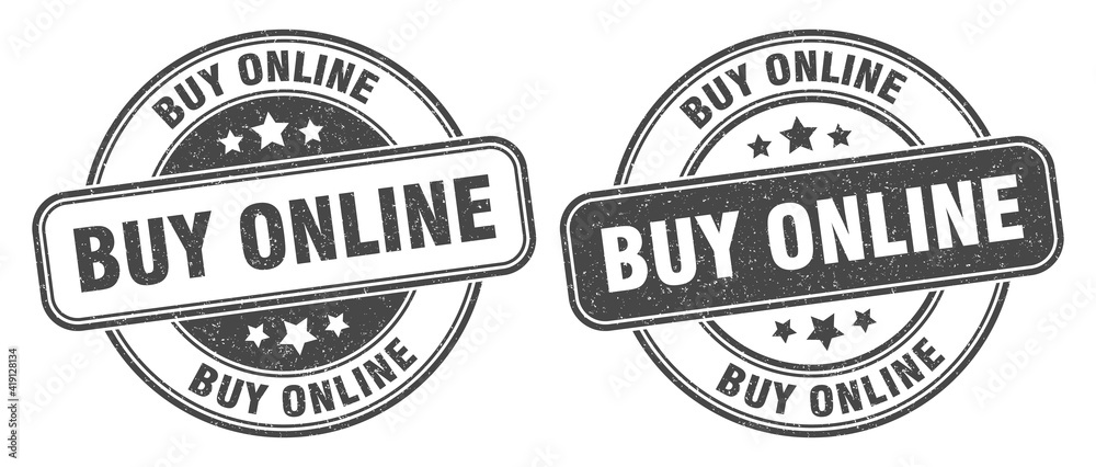 buy online stamp. buy online label. round grunge sign
