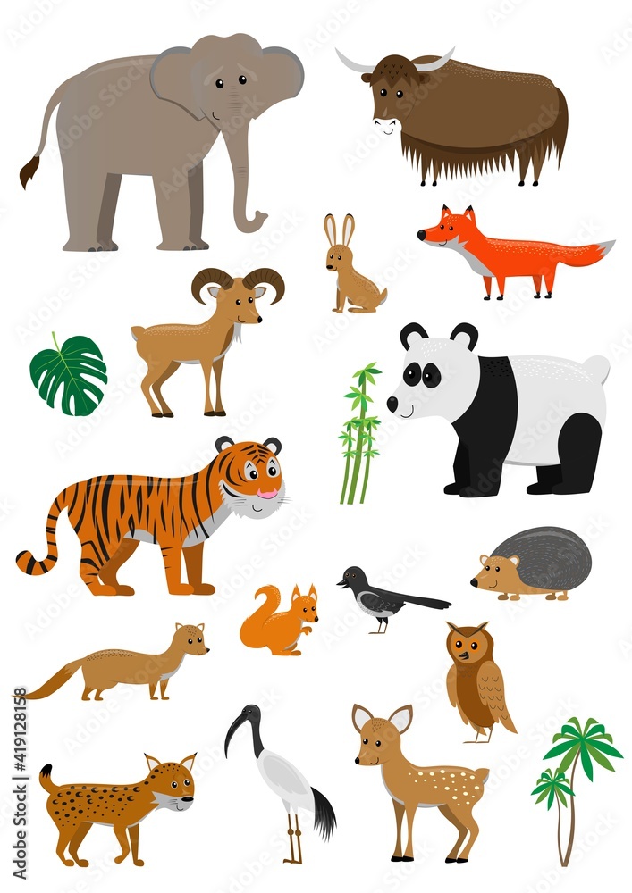 vector set of cartoon asian animals isolated on white background, illustration for kids vector set of cartoon asian animals isolated on white background, illustration for kids