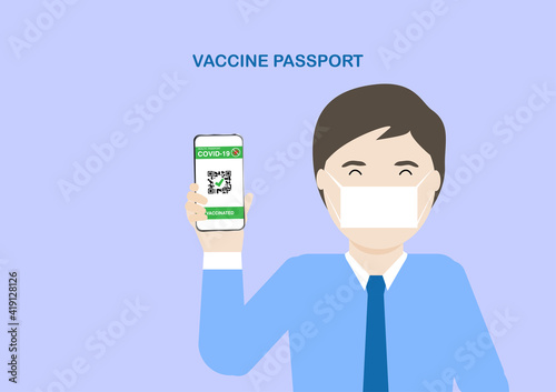 Adult male showing vaccine passport after covid-19 vaccination