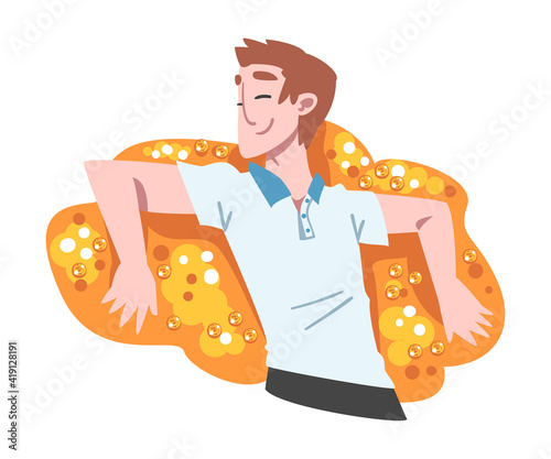 Rich and Wealthy Man Character Lying on Pile of Golden Coins at Half Length Vector Illustration