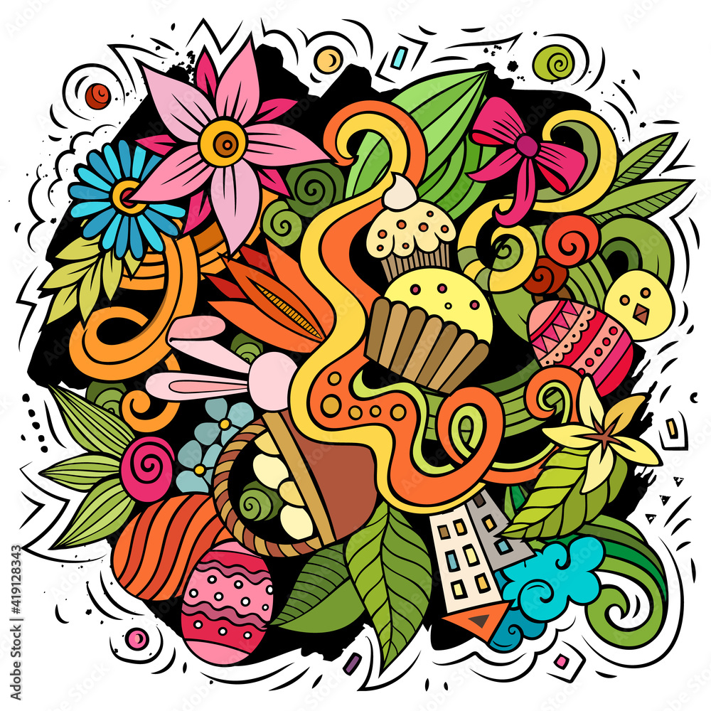 Naklejka premium Happy Easter vector doodles illustration. Color funny picture.