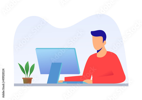A man working at computer at office or at home. Computer on the table - monitor and keyboard and potted plant. Working process, freelance, home office, office worker. Vector illustration.