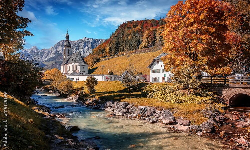 Amazing nature landscape. Impressive Autumn Scenic landscape in the Bavarian Alps. famous Parish Church of St. Sebastian in Ramsau in falltime, Nationalpark Berchtesgadener Land,  Bavaria, Germany
