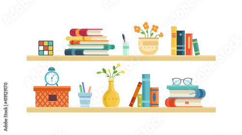 Long light bookshelf, office shelf, wall, interior, bookshelf, library shelf. Flat vector illustration isolated on white background.