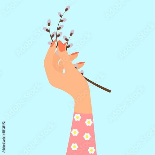 A woman's hand with a willow branch. Vector spring illustration. The concept of a Happy Easter. Poster, card, banner, background.