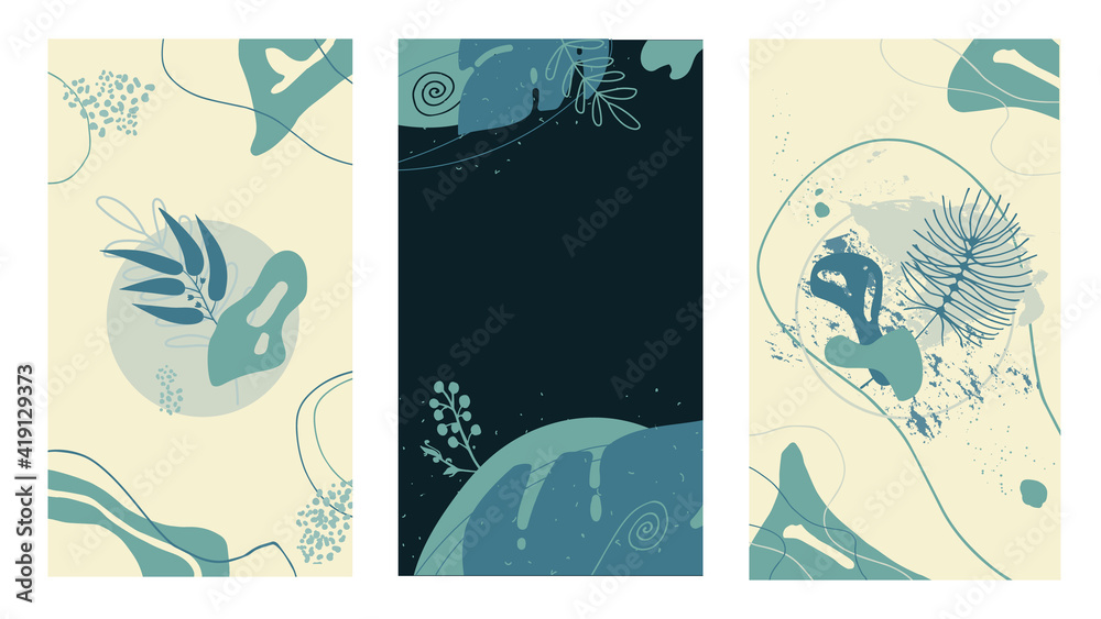 Set of Memphis floral backgrounds in minimal trendy style with abstract and liquid forms and lines. Simple designs for social media in pastel colors