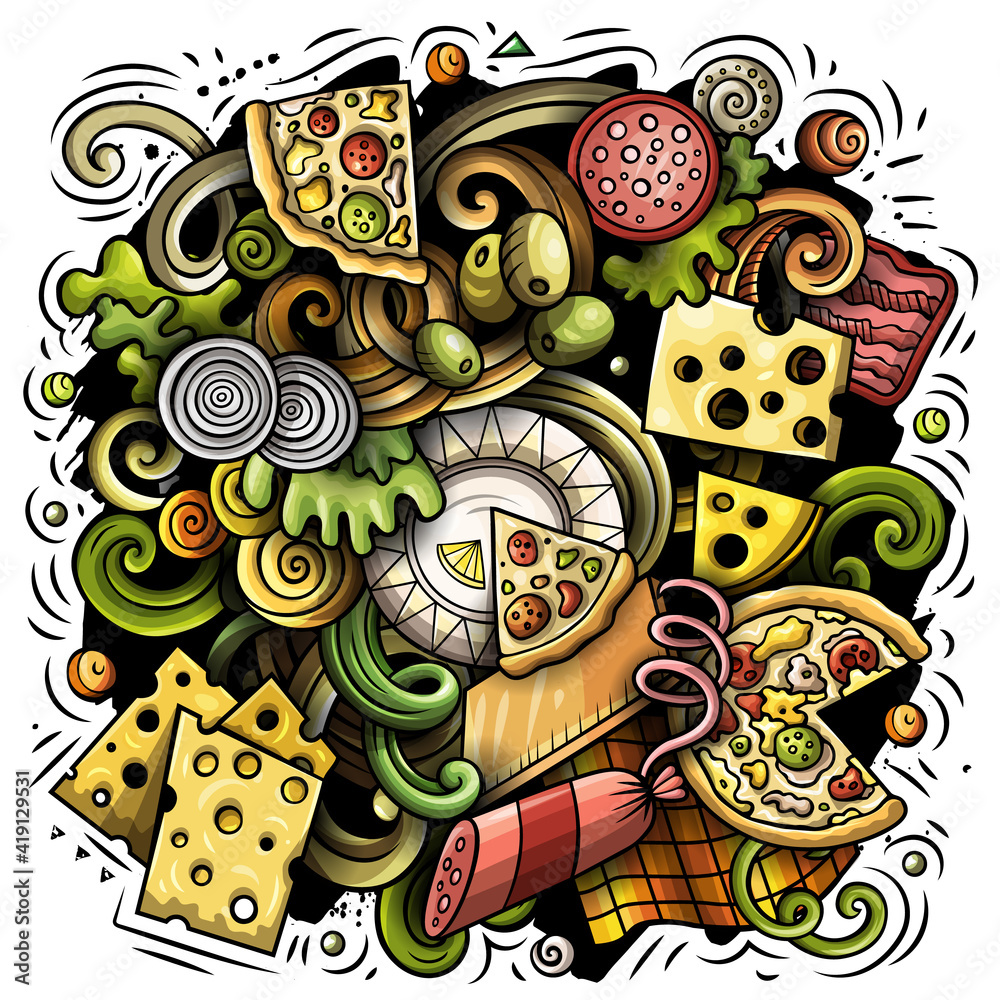 Fototapeta premium Pizza cartoon doodle illustration. Funny design.