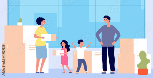 People relocation. Moving new flat, help transportation family. People with boxes new home, things packages. Leaving house utter vector illustration. Illustration relocation and moving transportation © MicroOne