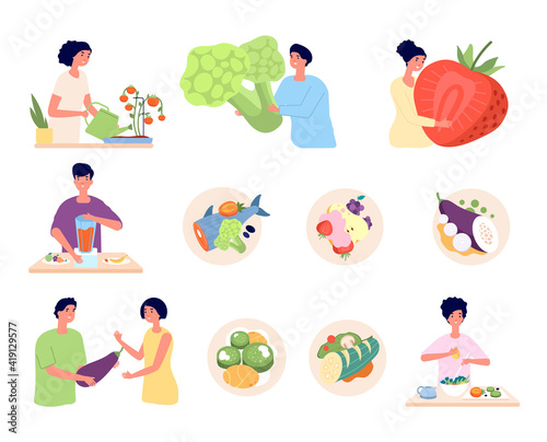 Vegan lifestyle. Organic food, isolated vegetarian nature product. Organic meal of eco farm, people eat antioxidant fruit vegetables utter vector set. Illustration vegetarian people with vegetable