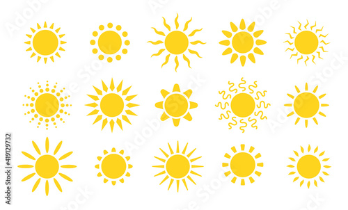 Summer flat sun logo. Yellow suns circles, bright natural lighting objects. Heating sunshine, isolated spring warm season utter vector symbols. Illustration sunshine yellow, weather warm sunny