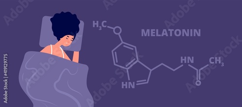 Melatonin hormone. Structure hormones sleep, flat person sleeping in dark. Science education banner, insomnia and health dream utter vector concept. Illustration structure melatonin, science hormone
