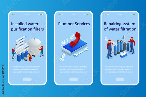 Isometric installing or repairing system of water filtration at home concept. Fix purification osmosis system. Drinking water. Sanitary work. Engineering networks in the house.