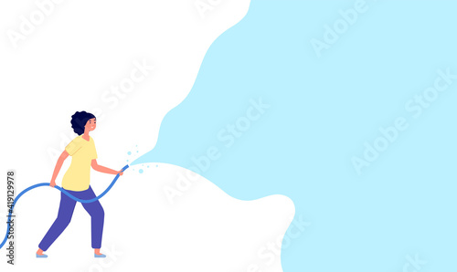 Water festival banner. Songkran party, woman watering with hose. Summer gardening time, splash poster. Seasonal activity utter vector background. Illustration thailand festival, water splash