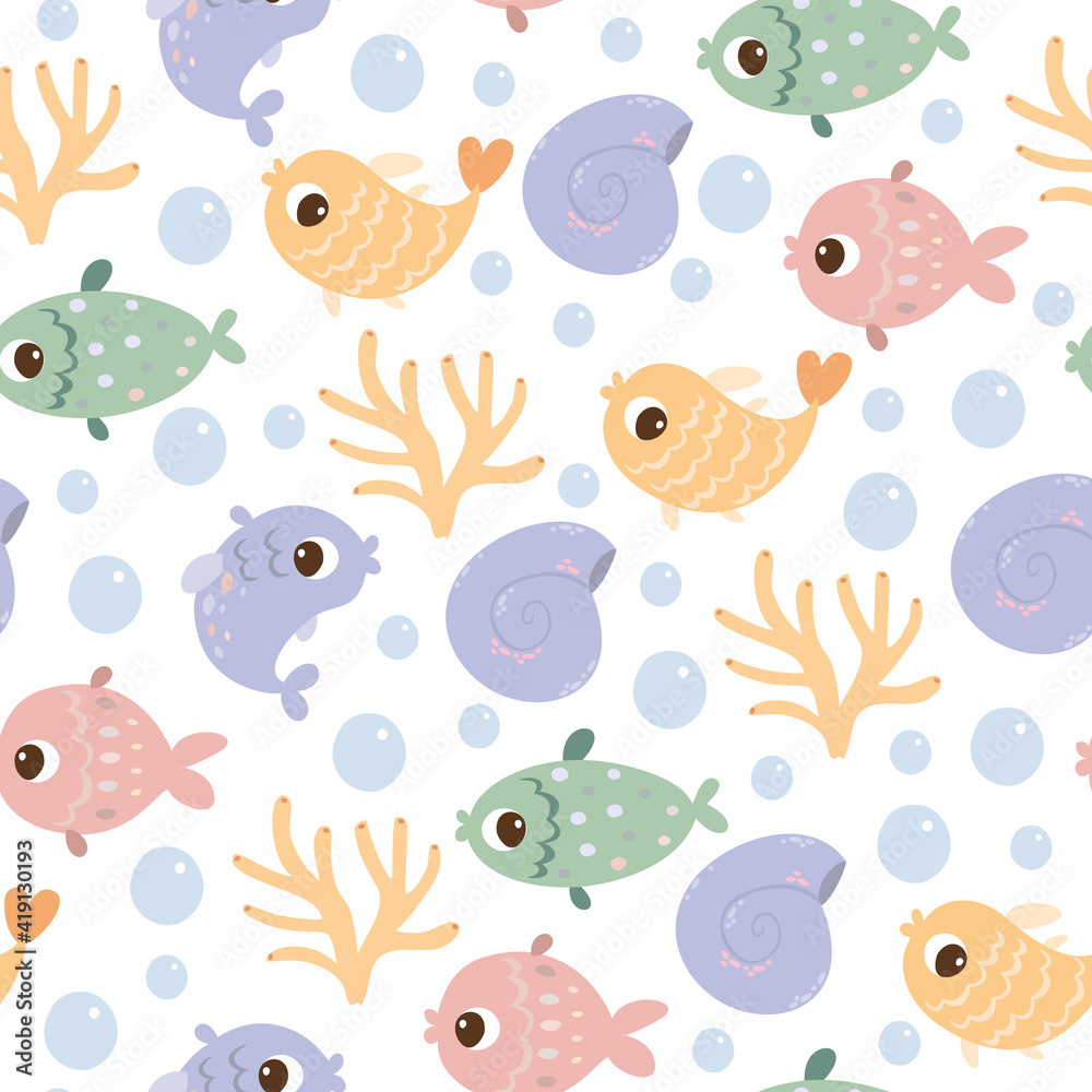 Fototapeta premium Cute underwater cartoon pattern with fish, shells and corals. Cruise.