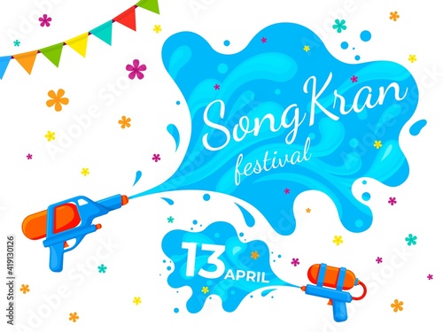 Songkran thailand banner. Water festival party, cartoon liquid splash on summer fest. Thai culture, happy asian holidays recent vector poster. Illustration festival new year songkran, thai fest