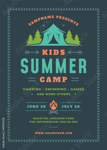 Kids summer camp poster or flyer event retro typography design template and forest lanscape and tent background