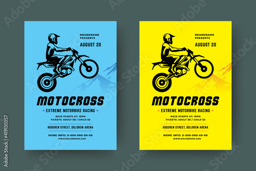 Motocross poster or flyer event modern typography design template and off road motorcycle with biker silhouette.