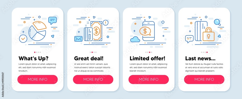 Set of Finance icons, such as Payment, Pie chart, Phone payment symbols. Mobile screen app banners. Blocked card line icons. Cash money, Presentation graph, Mobile pay. Private money. Vector