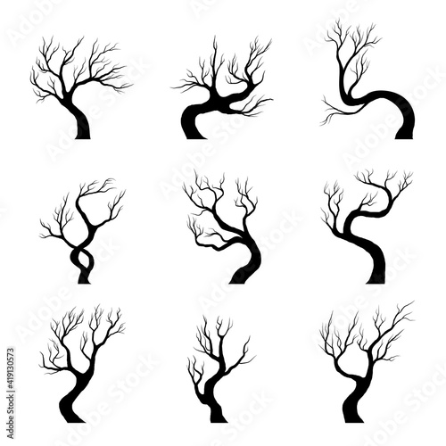 Collection different naked trees silhouettes. Hand drawn vector illustration