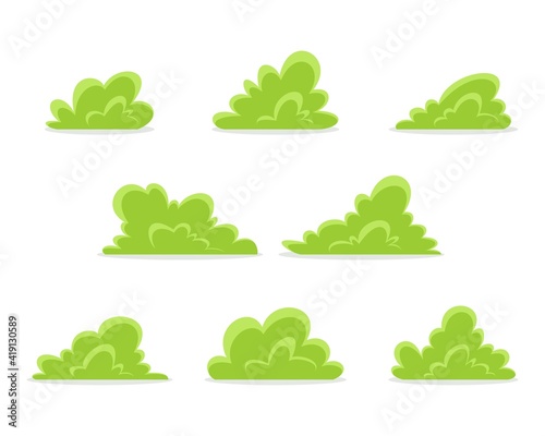 Collection cartoon green bushes isolated on white background.