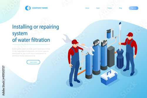 Isometric installing or repairing system of water filtration at home concept. Fix purification osmosis system. Drinking water. Sanitary work. Engineering networks in the house.