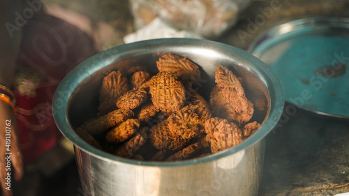 Thekua is an Indian sweet dish. popular in Uttar Pradesh, Bihar and Jharkhand. offering for the chhath festival. photo