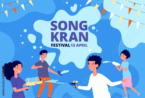 Songkran water festival. Happy thai children, kids playing gun and bowl. Thailand new year fest poster, asian party utter vector background. Kidf celebrating songkran, cartoon water party illustration