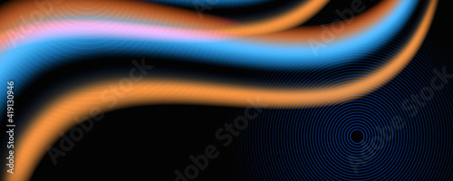 Black tech abstract banner design with blue and orange neon glowing light. Concept modern futuristic background. Vector illustration 