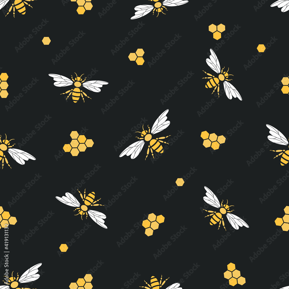 Seamless pattern with bees and  honeycombs. For cover, print, background