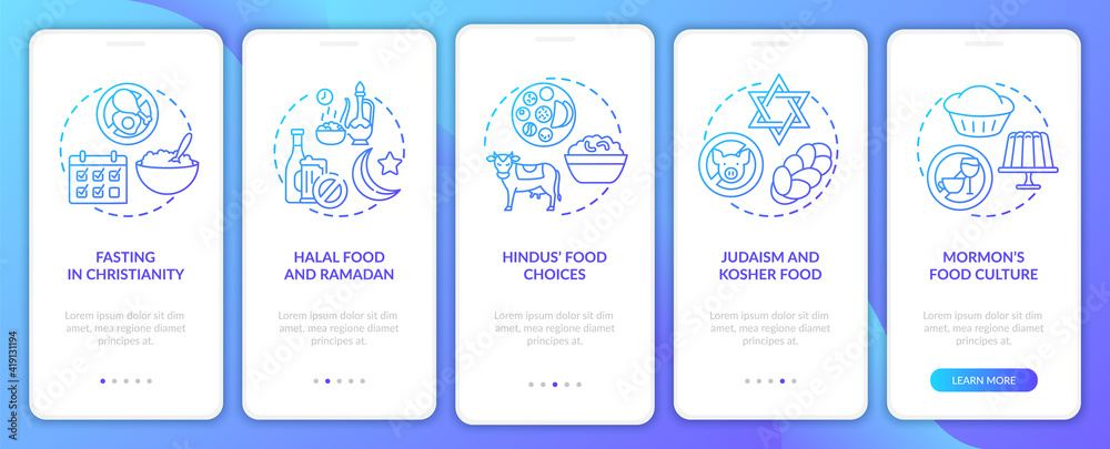 Food choices in different religions navy onboarding mobile app page screen with concepts. Faith walkthrough 5 steps graphic instructions. UI vector template with RGB color illustrations