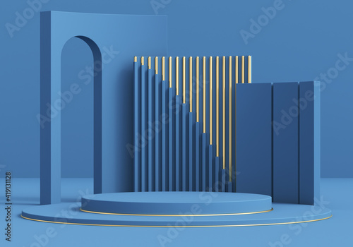 Blue geometric shapes with cylindrical podium. Abstract pastel color background. Decorative elements backdrop. 3d rendering. 
