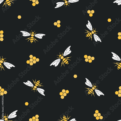 Seamless pattern with bees and  honeycombs. For cover  print  background