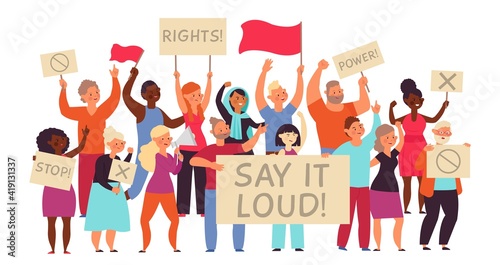 Demonstration activists. Women demonstrate power, protest people group holding placards. Worker crowd hold empty banner decent vector concept. Illustration protest people power, strong rally