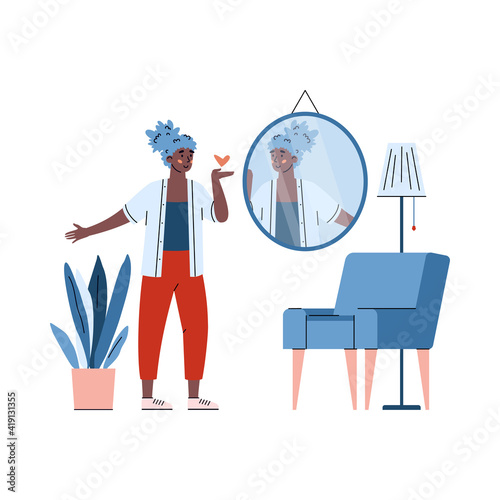 Self acceptance and positive attitude towards own body. African american woman satisfied with her appearance, cartoon vector illustration isolated on white background.