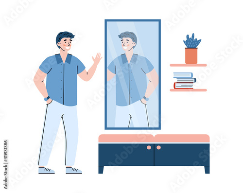 Positive narcissistic young man admiring on reflection in mirror. Concept of self acceptance, esteem and confidence. Flat vector illustration isolated on white background