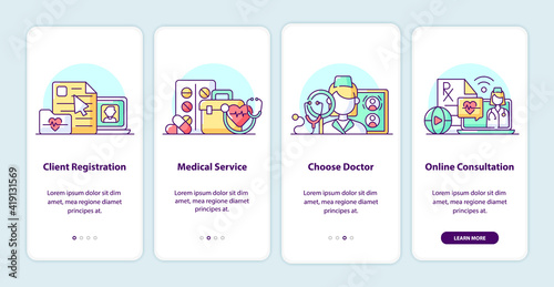 Modern health care onboarding app screen pages. Smartphone application walkthrough with cartoon illustrations. Mobile UI template with 4 steps. User interface design with simple purple color concepts