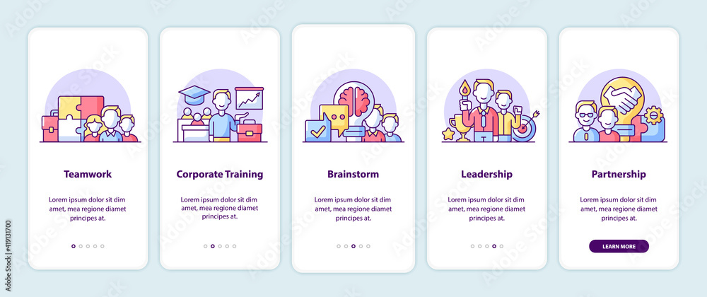 Company principles onboarding app screen pages. Smartphone application walkthrough with cartoon illustrations. Mobile UI template with 5 steps. User interface design with simple purple color concepts