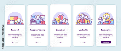 Company principles onboarding app screen pages. Smartphone application walkthrough with cartoon illustrations. Mobile UI template with 5 steps. User interface design with simple purple color concepts