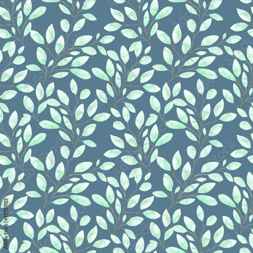 Watercolor seamless pattern with soft green leaves, spring foliage on twigs on a blue background, botanical illustration for pajamas, fabrics, dresses, greeting cards.