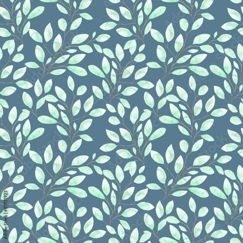 Wallpaper Mural Watercolor seamless pattern with soft green leaves, spring foliage on twigs on a blue background, botanical illustration for pajamas, fabrics, dresses, greeting cards. Torontodigital.ca