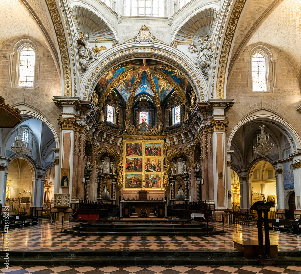 interior view of the cathedral in Valencia showing the altar and nave