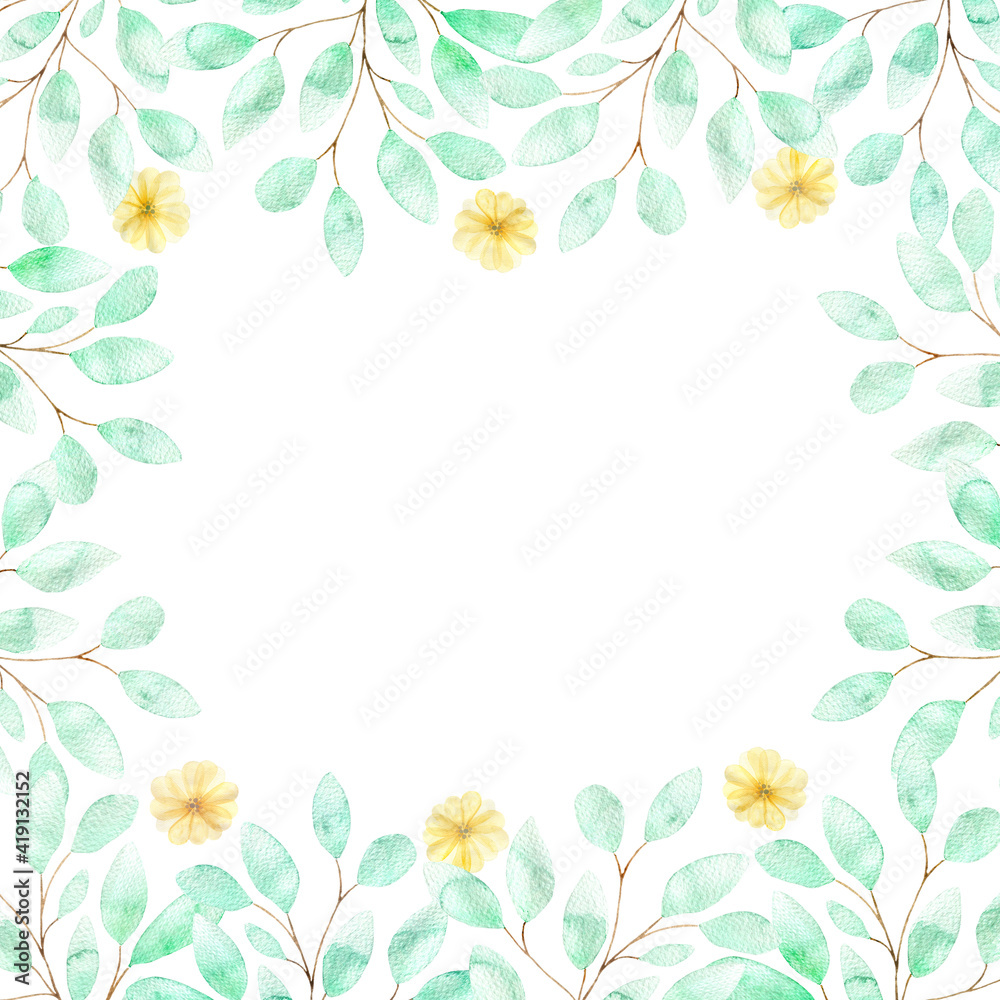 A square watercolor frame with soft yellow flowers and twigs of green leaves, a composition of summer flowers on a white background, a botanical illustration for packaging, wedding decoration, cards. A square watercolor frame with soft yellow flowers and twigs of green leaves, a composition of summer flowers on a white background, a botanical illustration for packaging, wedding decoration, cards.