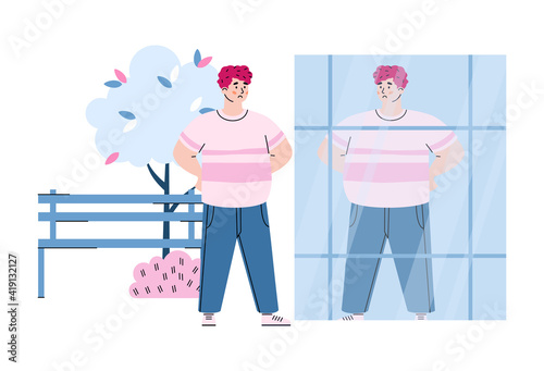 Unhappy man looks at reflection in storefront with dissatisfaction of personal appearance. Body rejection and self hate, negative self assessment and acceptance. Vector illustration