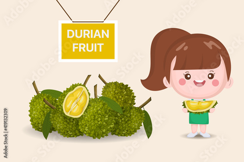 Cute girl and Durian delicious fruit vector design. Durian fruit whole and peeled