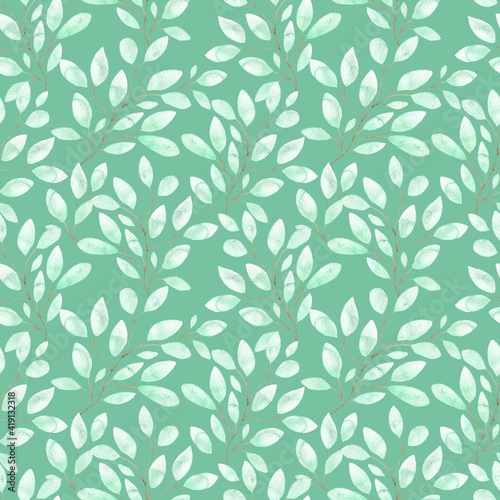 Watercolor seamless pattern with soft green leaves, spring foliage on twigs on a green background, botanical illustration for pajamas, fabrics, dresses, greeting cards.