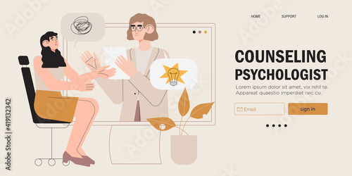 Psychological therapy counseling or online consultaion concept banner. Psycologist provide professional help to depressed person or resolve physical, emotional and mental health issues and crises.
