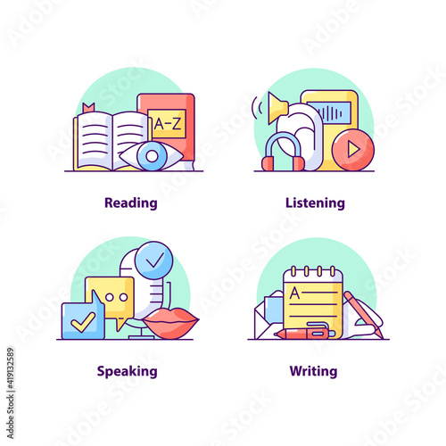 Education creative UI concept icon set. Reading and listening abstract illustration. Online education. Learning. Isolated vector conceptual art for UX. Color graphic design element pack