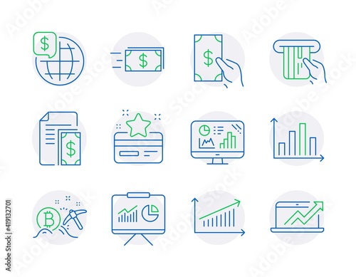 Finance icons set. Included icon as Analytics graph, Credit card, World money signs. Diagram graph, Presentation, Money transfer symbols. Loyalty card, Chart, Payment. Bitcoin mining. Vector