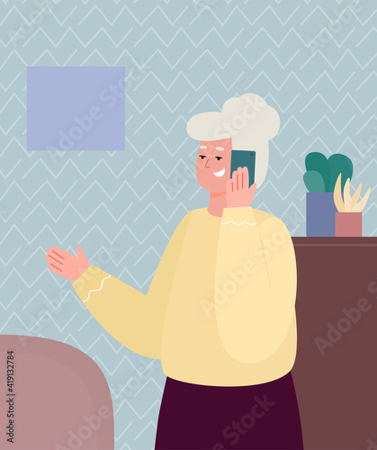 Portrait of smiling elderly grandmother talking on a mobile phone. Old lady, woman on pension speaking on smartphone home at leisure. Flat cartoon vector illustration.