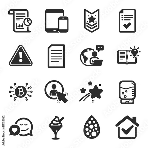 Set of Business icons, such as Document, Ice cream, Artificial colors symbols. Product knowledge, Report, Mobile devices signs. Bitcoin system, Water cooler, Dating. Shoulder strap, User. Vector